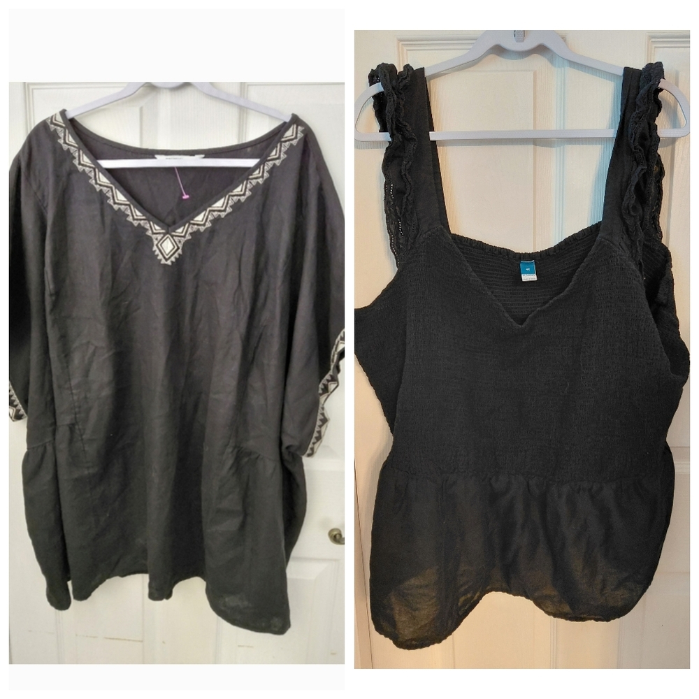 Bundle (2) Plus Size 4X Tops Blouses Black Linen Cotton Boho Cottage